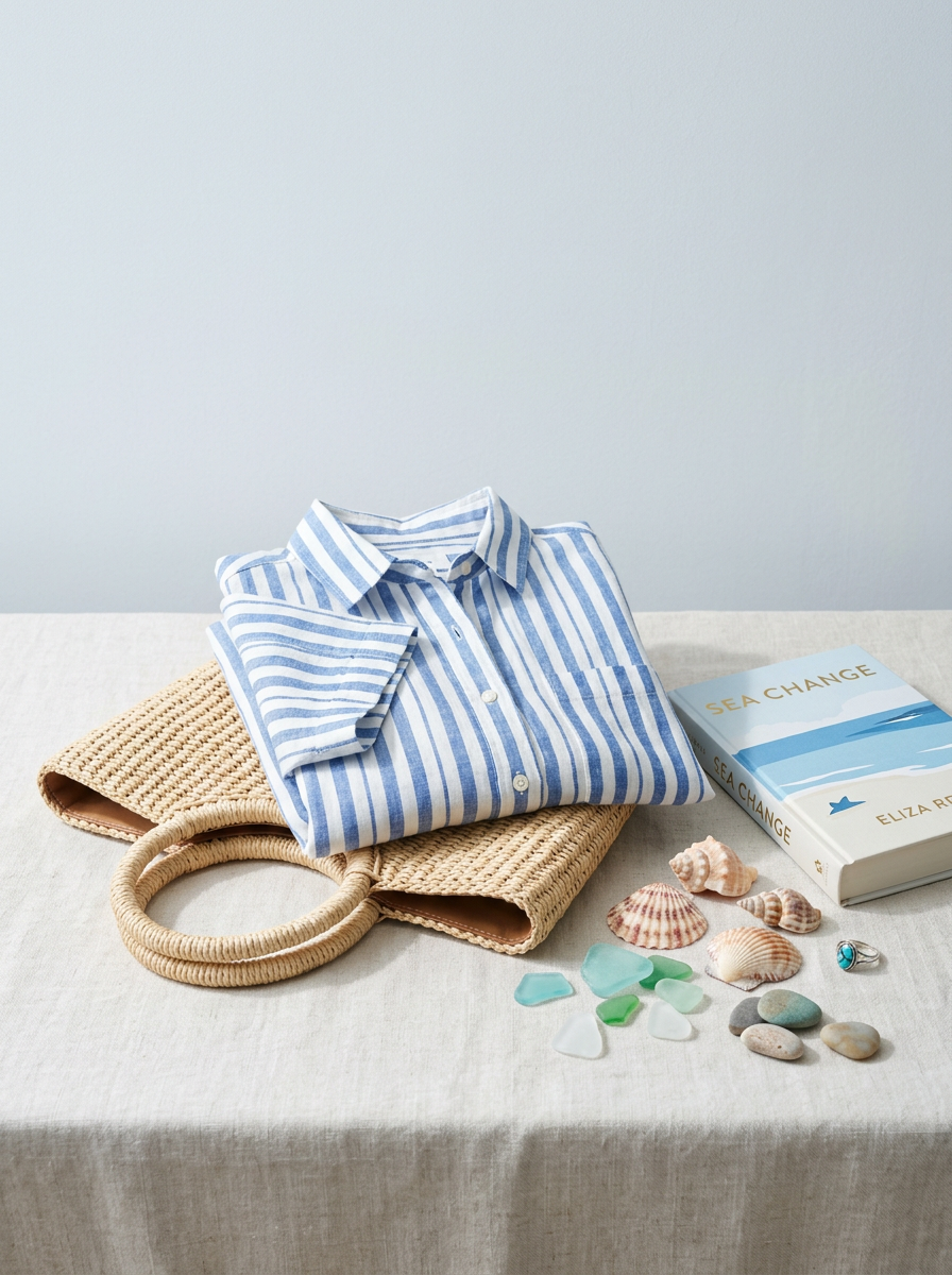 Blue and white striped linen shirt, seashells, raffia tote and sea glass