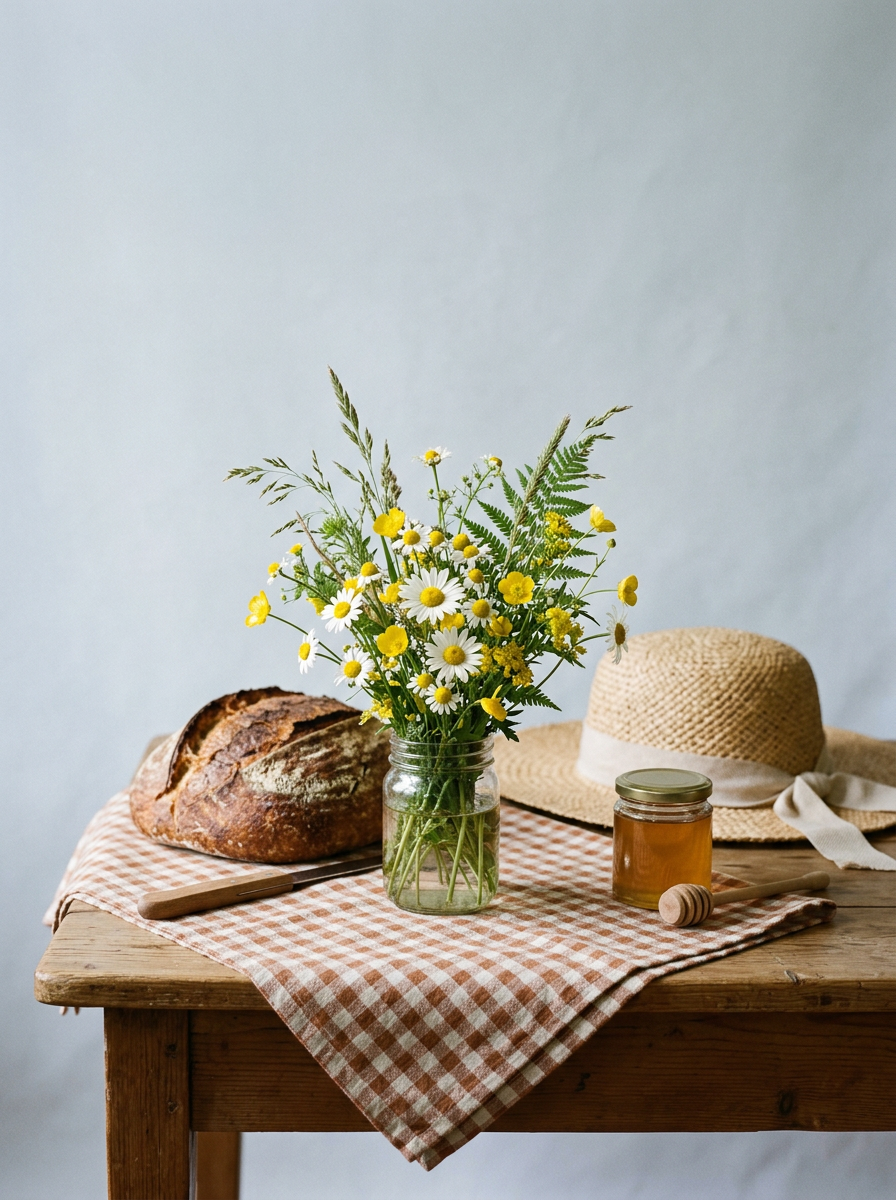 Gingham linen, wildflowers in a glass jar, sourdough bread and a straw hat
