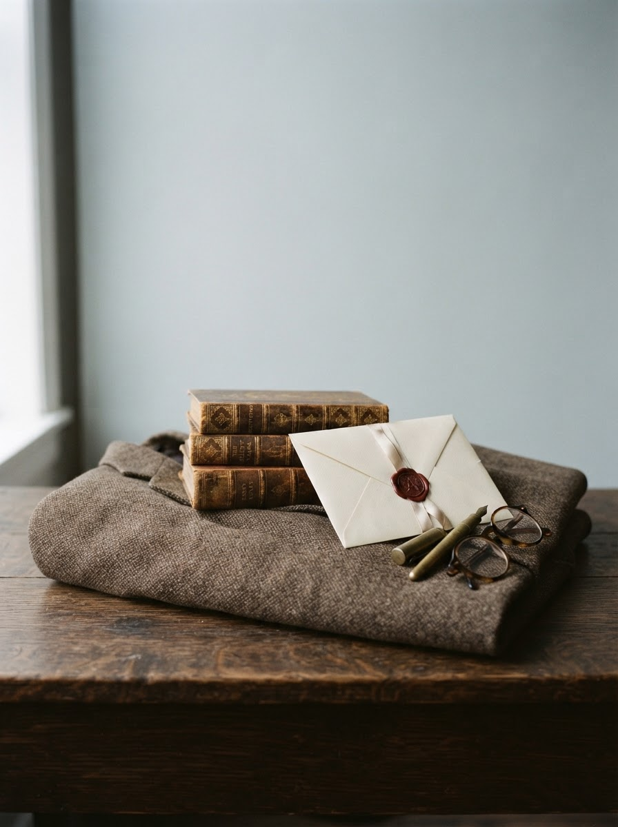 Stacked leather-bound books, a folded tweed blazer, fountain pen and wax-sealed letter
