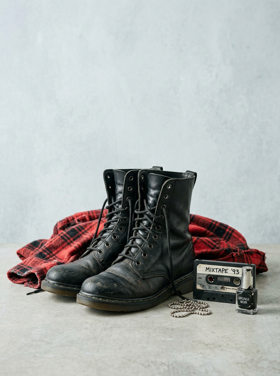 Worn black combat boots, red plaid flannel, a cassette tape and silver chain