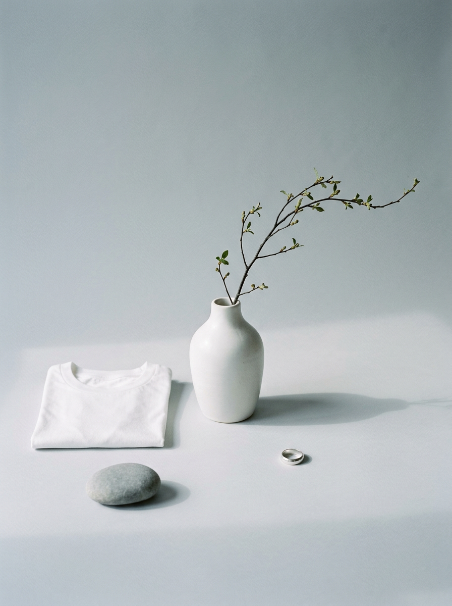 A white ceramic vase with a single branch, folded white t-shirt and silver ring