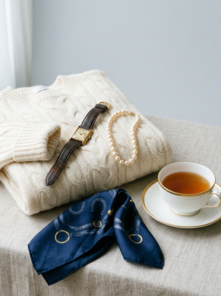 A cream cable-knit sweater, vintage gold watch, pearls, a navy silk scarf and a gold-rimmed teacup