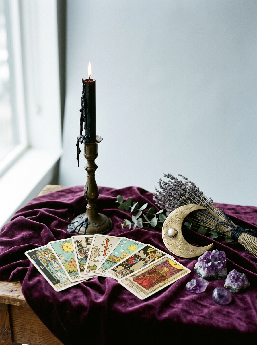 Plum velvet, tarot cards, amethyst crystals, dried lavender and a black taper candle