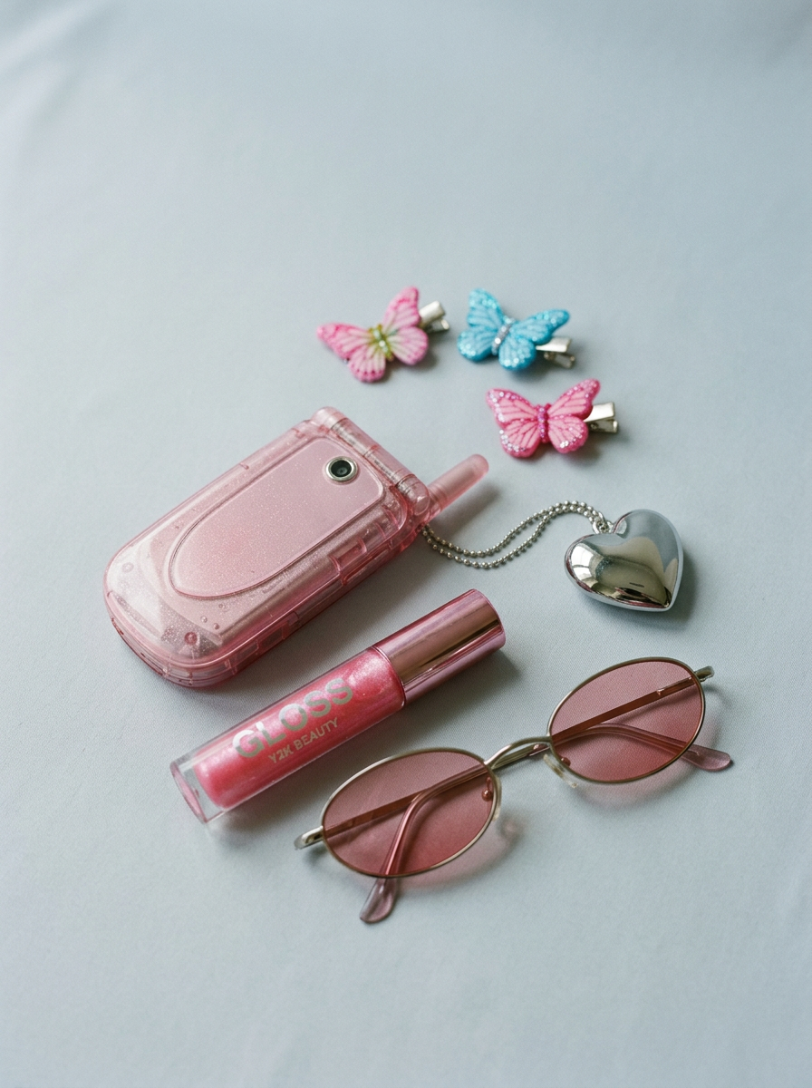 Pink translucent flip phone, butterfly hair clips, lip gloss and tinted oval sunglasses